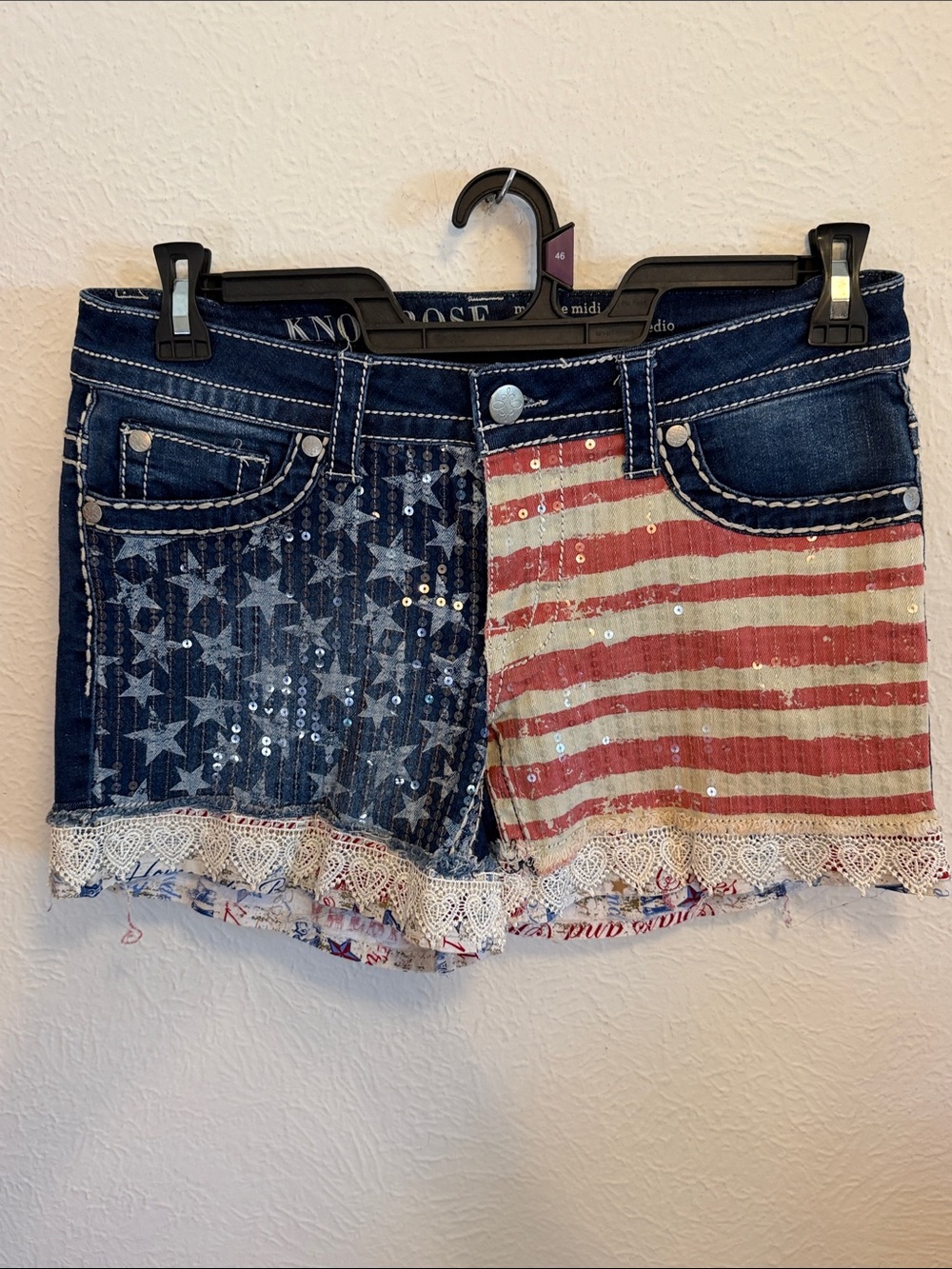 🇺🇸🇺🇸🇺🇸BOGOHO🇺🇸🇺🇸🇺🇸Knox Rose Patriotic Print Denim Shorts with Sequins -8